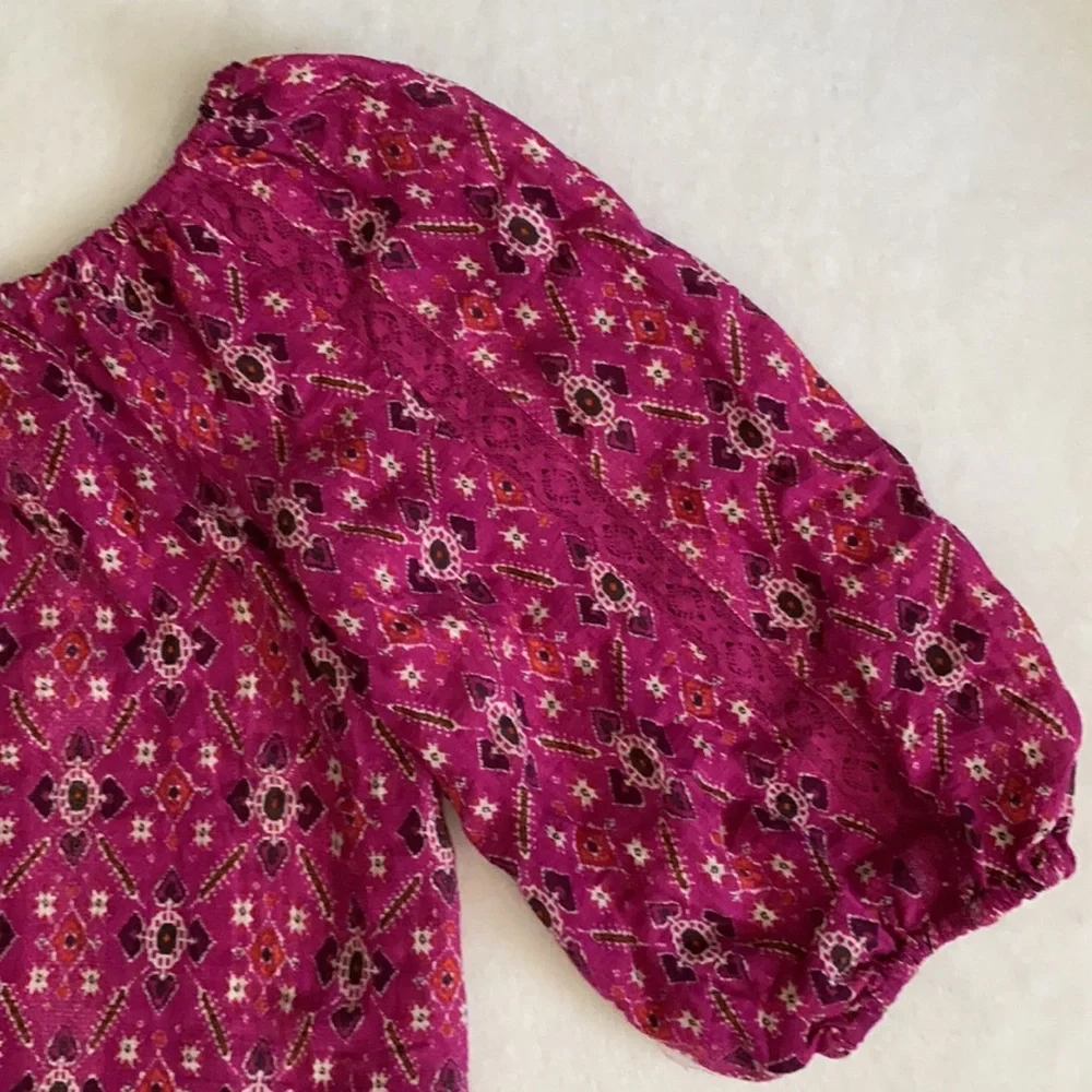 Anthropologie | Block Print Off-The-Shoulder 3/4 Length Sleeve Top Pink (XS) - Picture 6 of 15